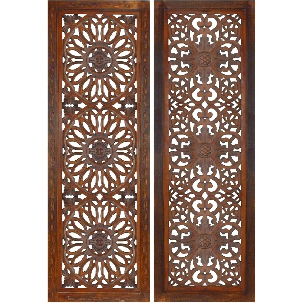 2 Piece Mango Wood Wall Panel Set with Mendallion Carving, Rectangle, Burnt Brown