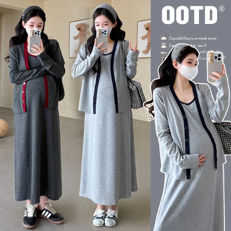 

2025 Korean Style Pregnancy Outfit Autumn Color Block Cardigan with Sleeveless Dress Lazy Chic Maternity Two Piece Set Slim Fit