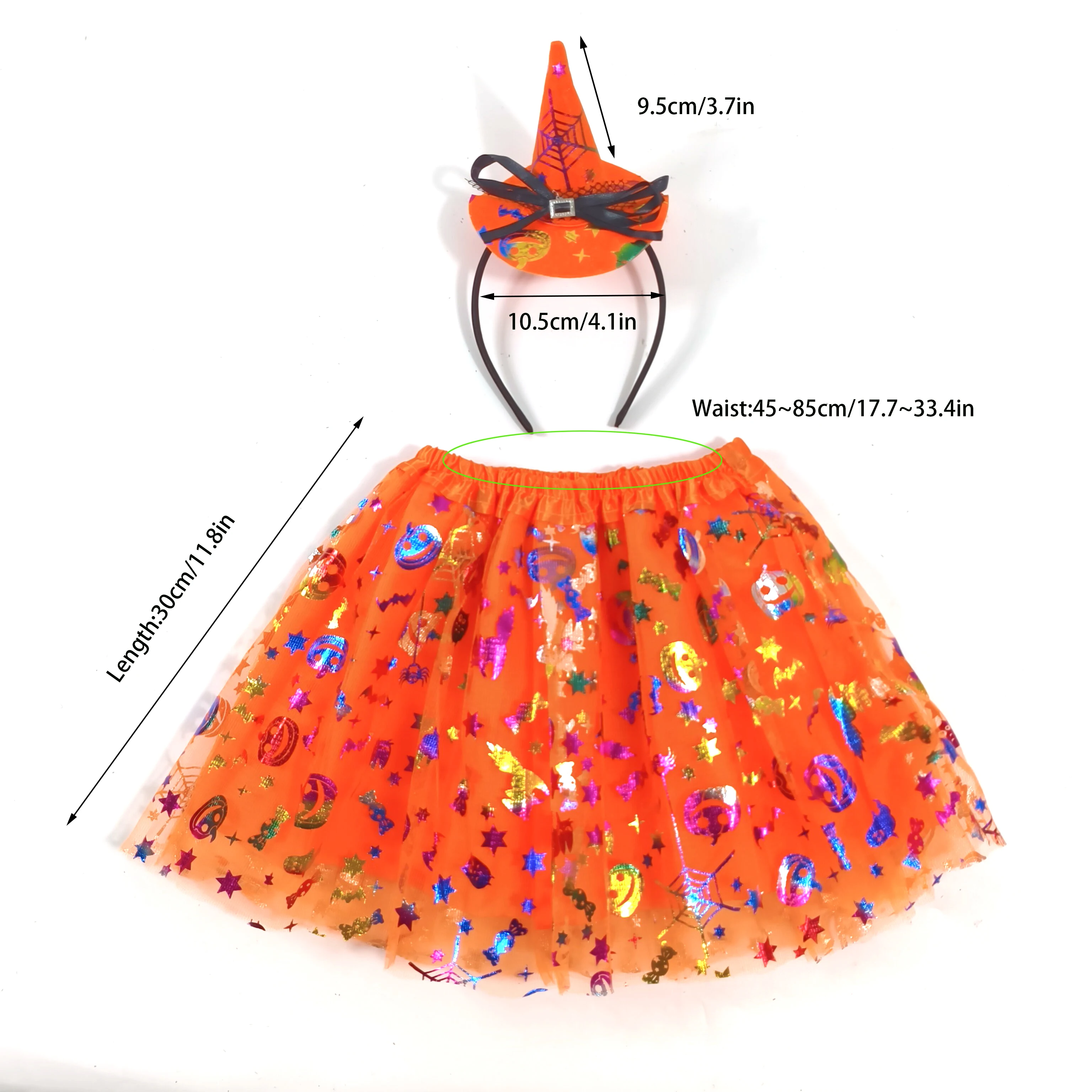 Kids Halloween Pumpkin Headband Skirt, 2pcs/set,Orange Sliver Gold Tutu Skirt with Lining,for Halloween Party Cosplay Costume