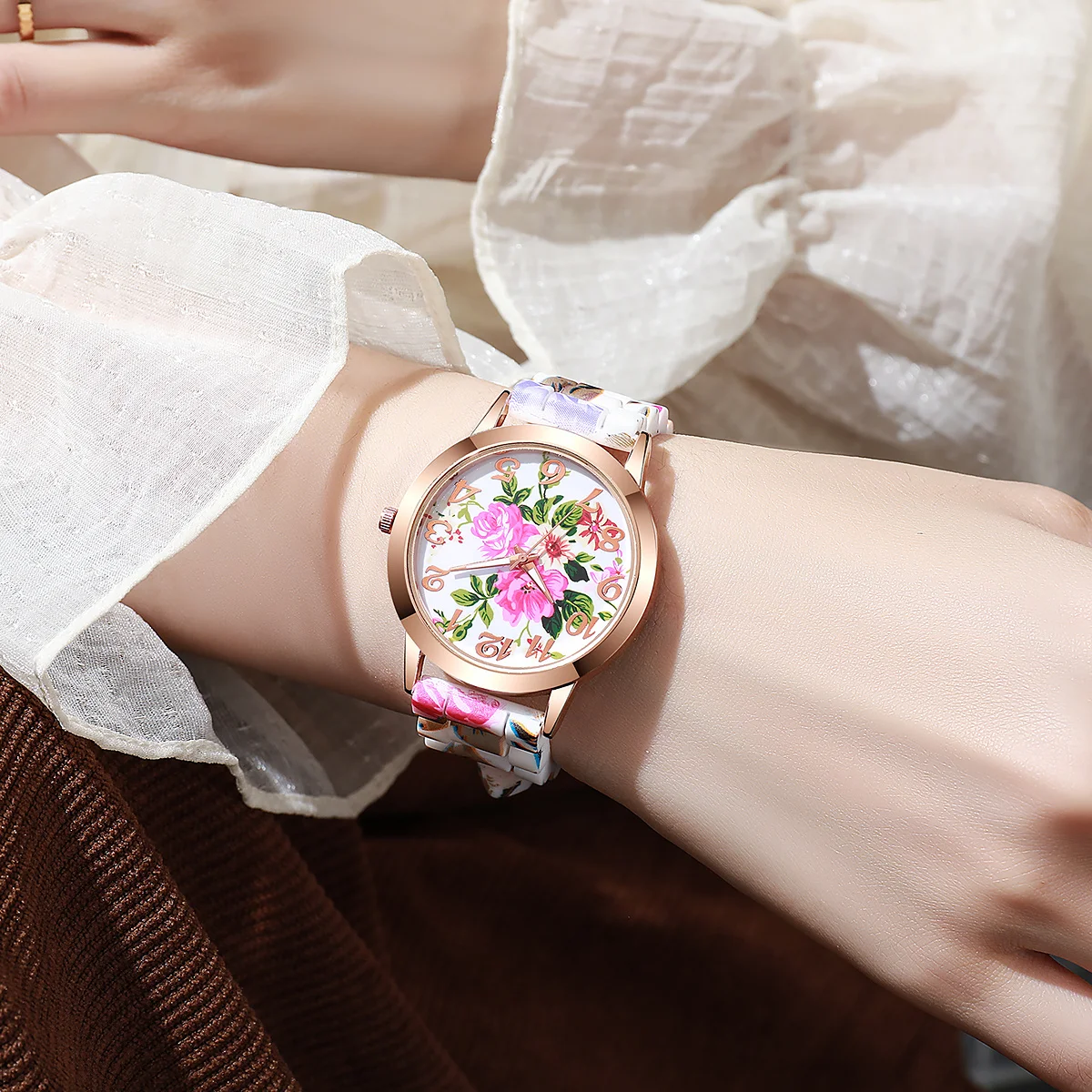 2/3/4/5PCS Fashion Flowers Printed Women Watches Casual Silicone Band Quartz Watch Reloj Mujer Girls Clock Gift（Without Box）
