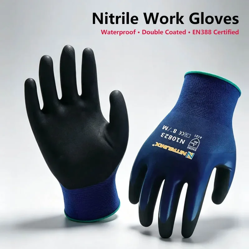 Double Nitrile Coated Work Gloves 18G Nylon Waterproof Safety Gloves Nitrile Foam Coating EN388 for Men Women Industrial Work