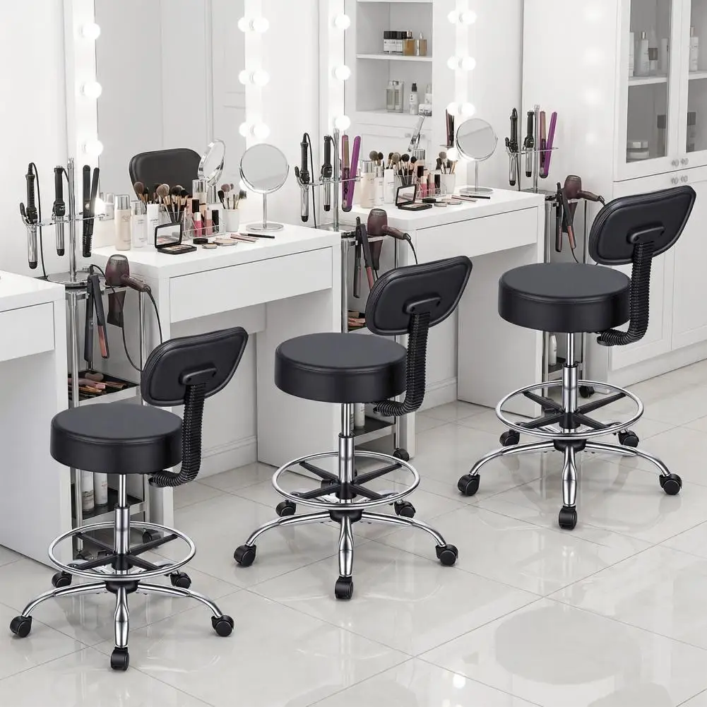 Height Adjustable 5-Wheels Office Desk Chair with Backrest, Faux Leather Swivel Round Rolling Stool with Adjustable Foot Rest