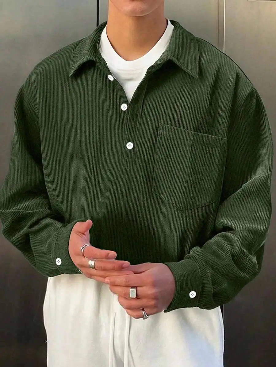 

Men's Olive Green Corduroy Long Sleeve Shirt, Loose Fit Casual Pullover with Chest Pocket