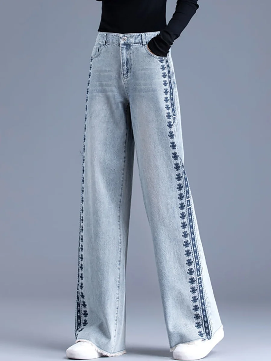 

Джинсы женские с высокой талией, широкими штанинами, вышивкой, свободные, прямые, повседневные, универсальные, в пол, зимние, новинка