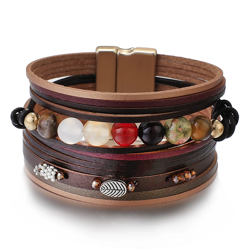 

Amorcome Vintage Colored Bead Leather Bracelet for Women Multilayer Wrapped Wide Wrap Bracelet Bangle Charm Hand Jewelry Gift