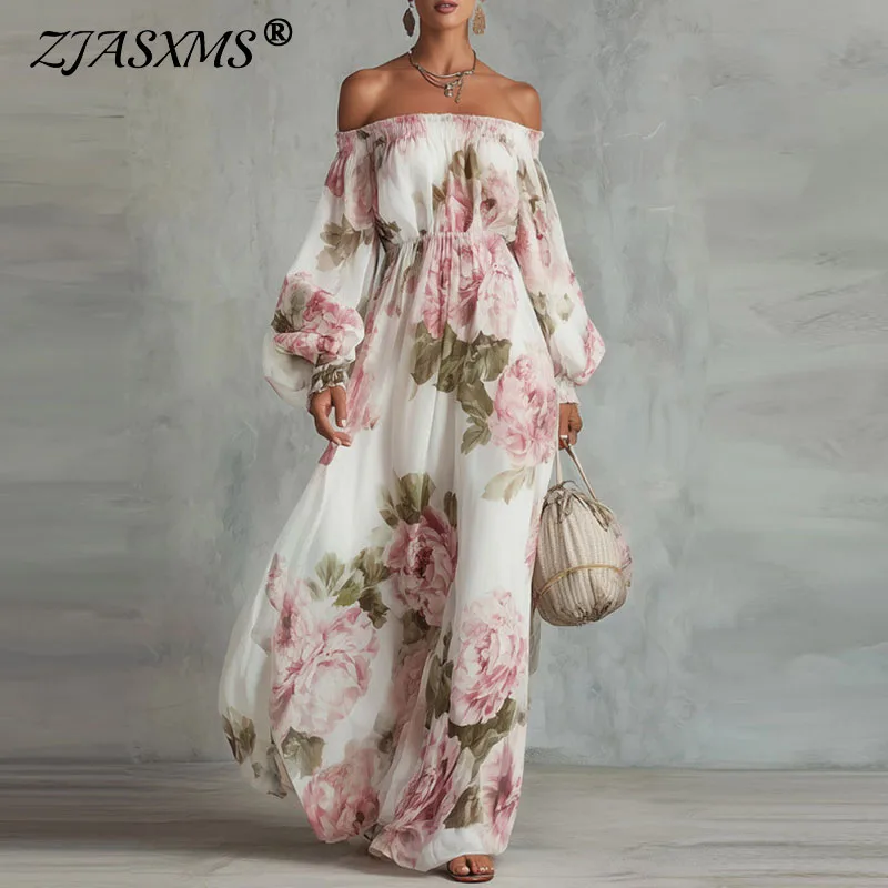 Boho Off-Shoulder Maxikleid mit Blumenmuster für Damen, Laternenärmel, elastische Taille, fließendes langes Kleid, Frühling, Sommer, Strandurlaubskleid