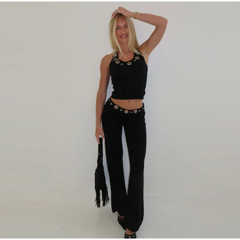Hohle, ausgeschnittene Neckholder-Cropped-Tops und Hosen, 2-teilige Sets, sexy, ärmellos, rückenfrei, schmal geschnittenes Top, weit geschnittene Hosen, schicke Damen-Outfits, neu – Detail 6