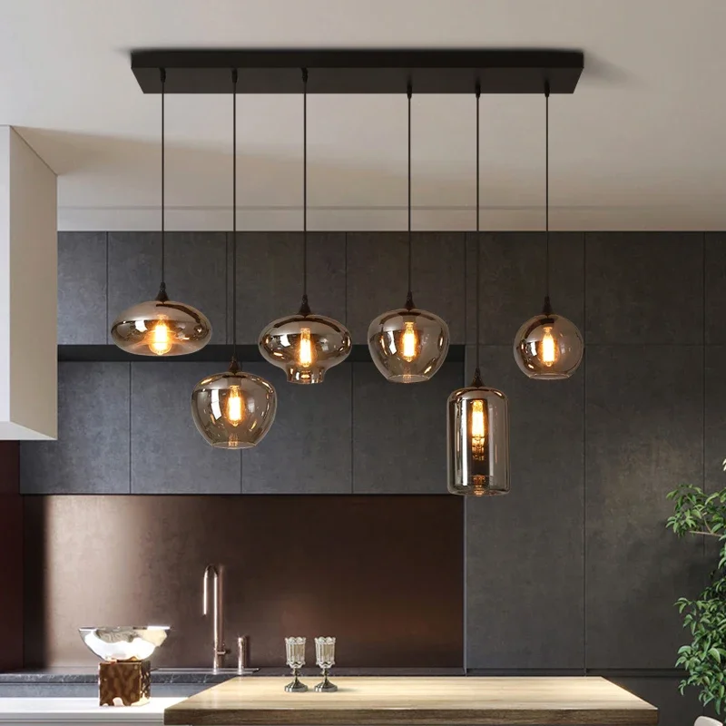 Nordic LED Glass Chandelier Smoke Grey Single Head Dining Room Pendant Light Living Room Cafe Dining Table Cabinet Bar Fixtures