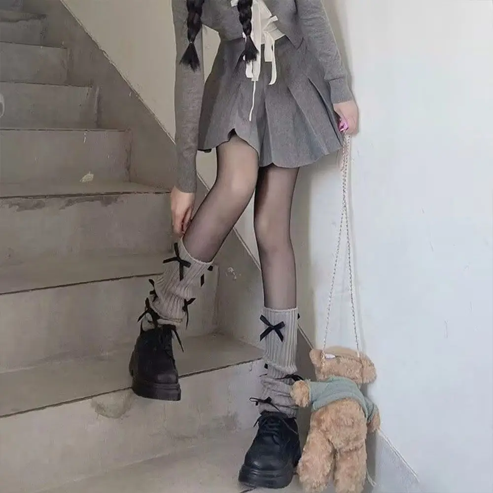 Fashion Bow Knot Knitted Leg Warmers 40cm Thermal Foot Cover White Black Knitted Texture Knitted Socks Autumn Winter