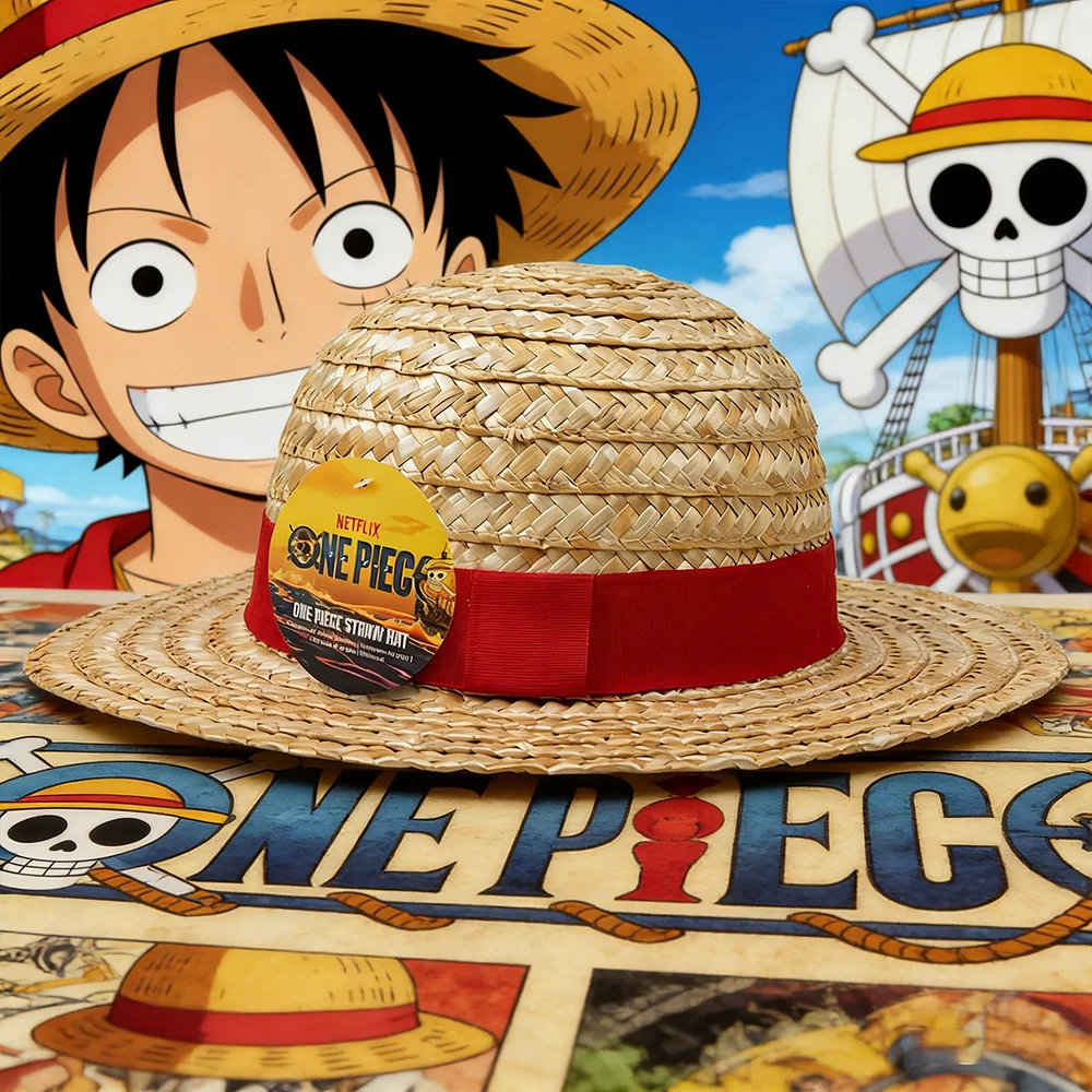 1 Pieza, Sombrero de Paja de Luffy con Licencia Oficial, Material de Paja Tejida Auténtica con Cinta Roja, Accesorio Clásico para Cosplay de Anime