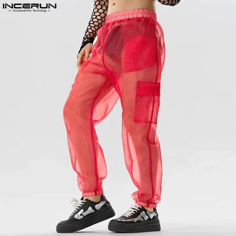 INCERUN Men Pants Mesh Transparent Joggers Sexy Pockets Elastic Waist Loose Trousers Men Streetwear 2023 Fashion Pantalon S-5XL