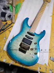 Tran Blue Electric Guitar PC-1 Body Squilted Maple Veneer Maple Fingerboard Tremolo Bridge SSH Pickups Active Battery Gold Tuner