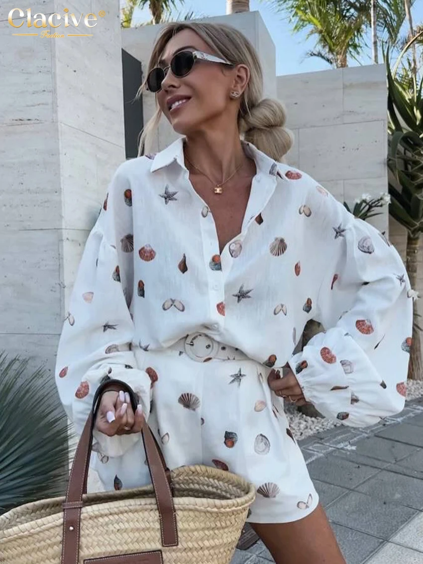 

Clacive Fashion Loose Print 2 Piece Set Women 2025 Elegant Long Sleeve Shirt With High Waist Shorts Set Female Streetwear