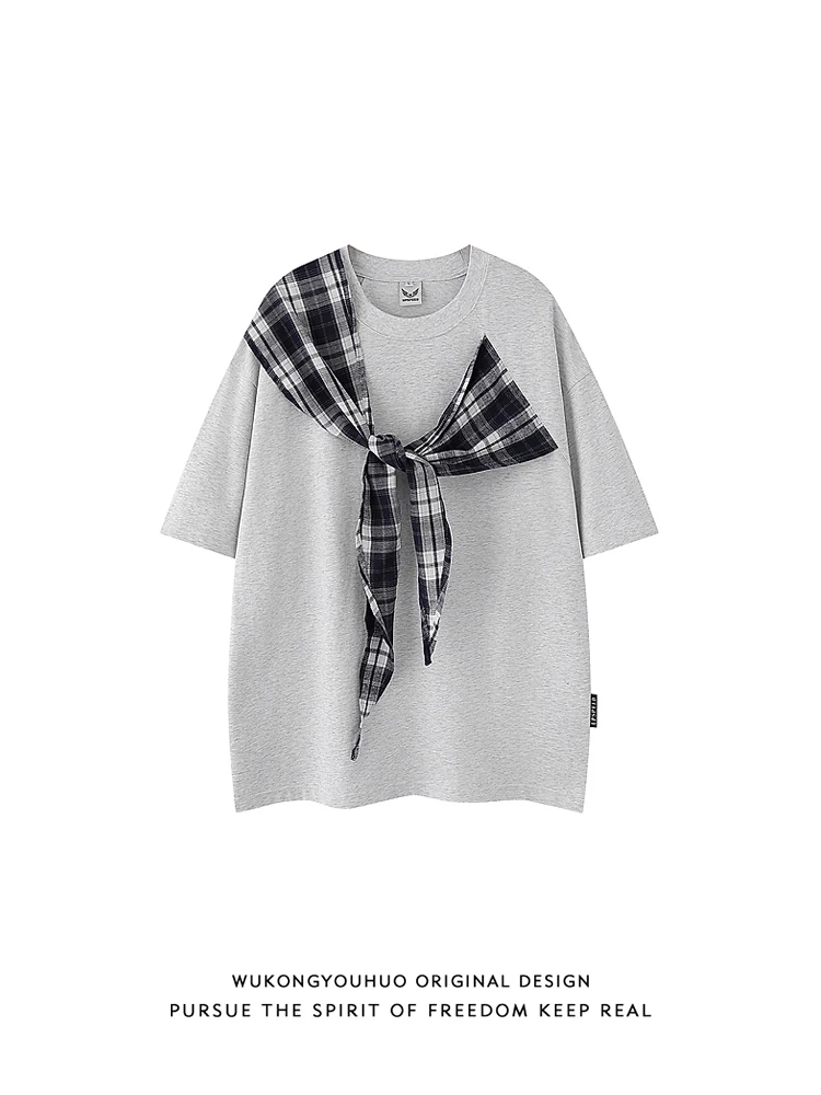 

Trendy Knot Plaid Design ort Sve Loose Fit ex Summer T-irt Youthful Breathable round Ne Top for Couples