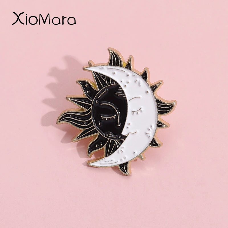 Black White Sun Moon Enamel Pins Custom Gothic Divination Brooches Lapel Badges Punk Retro Jewelry Gift For Best Friends