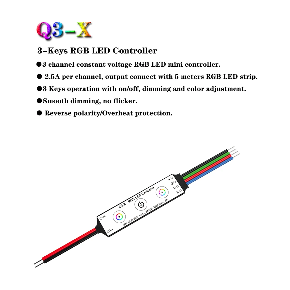 Skydance Q3X DC12-24V Mini Constant Voltage 3-Keys RGB 0% -100% Dimming LED Controller RGB LED Strip Light