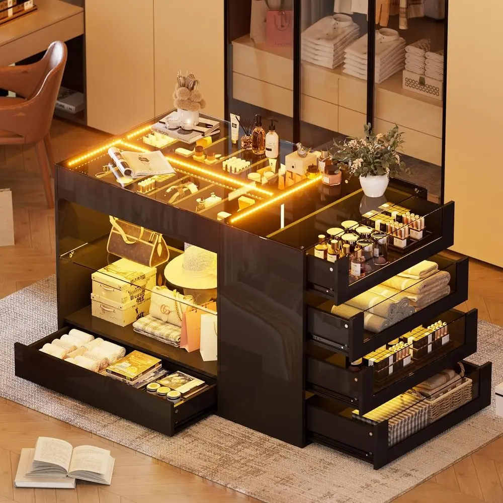 

Glossy Bedroom Island with Glass Top, Lighting & Jewelry Storage, Ideal for Walk-in Closets or Cloakrooms