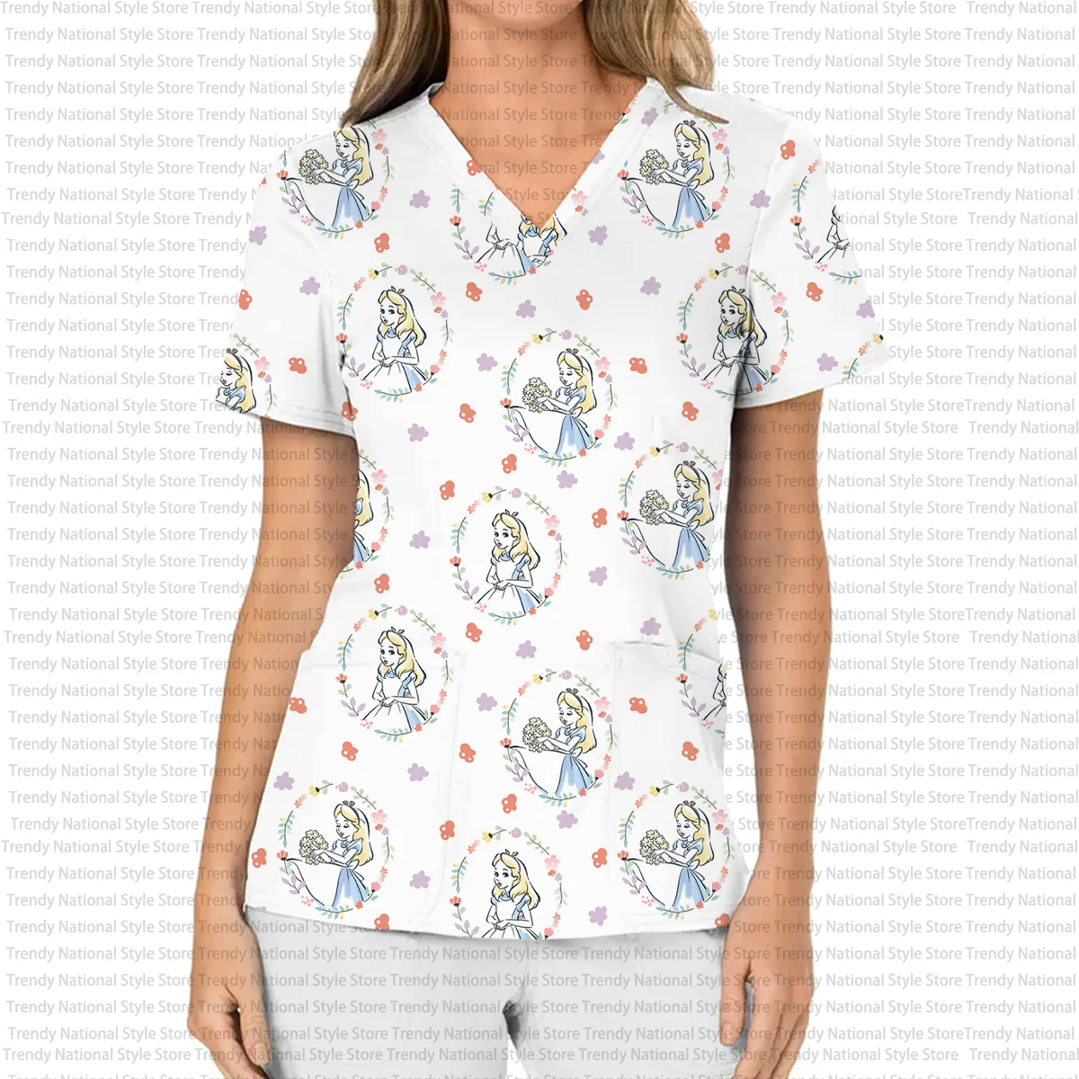2025 New Elegant Women's Work Uniform V-neck Pocket Frosted Top Exquisite Disney Alice Cartoon Print Hospital Doctor T-shirt