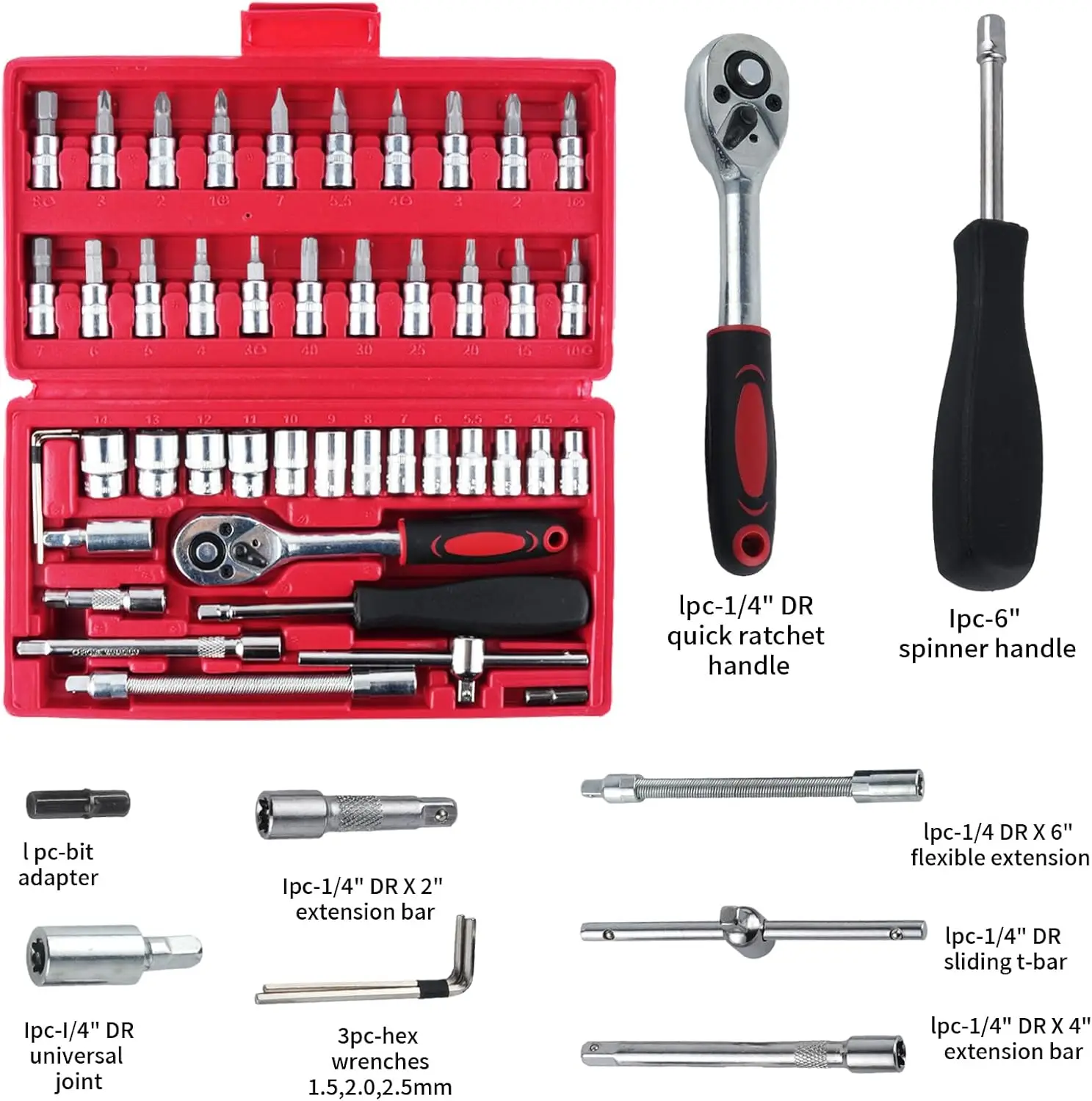 

46-Piece 1/4-Inch Socket Set with Quick-Release Ratchet, Screwdriver & Extension, Storage Case