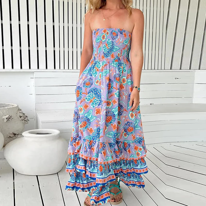 Sexy feminino fora do ombro bolo vestidos casuais cintura alta babados vestido de festa 2025 verão novo boêmio impresso longo vestido em camadas