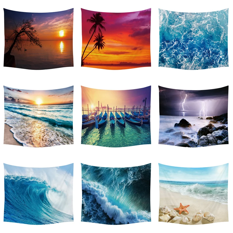 Sun Sea tapestry ocean beach wall water landscape  decoration blue cloud  matte blanket polyester 