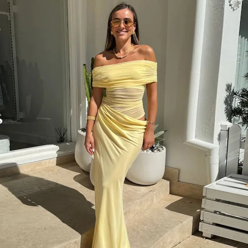 Elegant Chic Off Shoulder Pleated Dress Women‘s Sexy Sleeveless Hollow Out Backless Maxi Dress 2025 Summer Fashion Party Evening