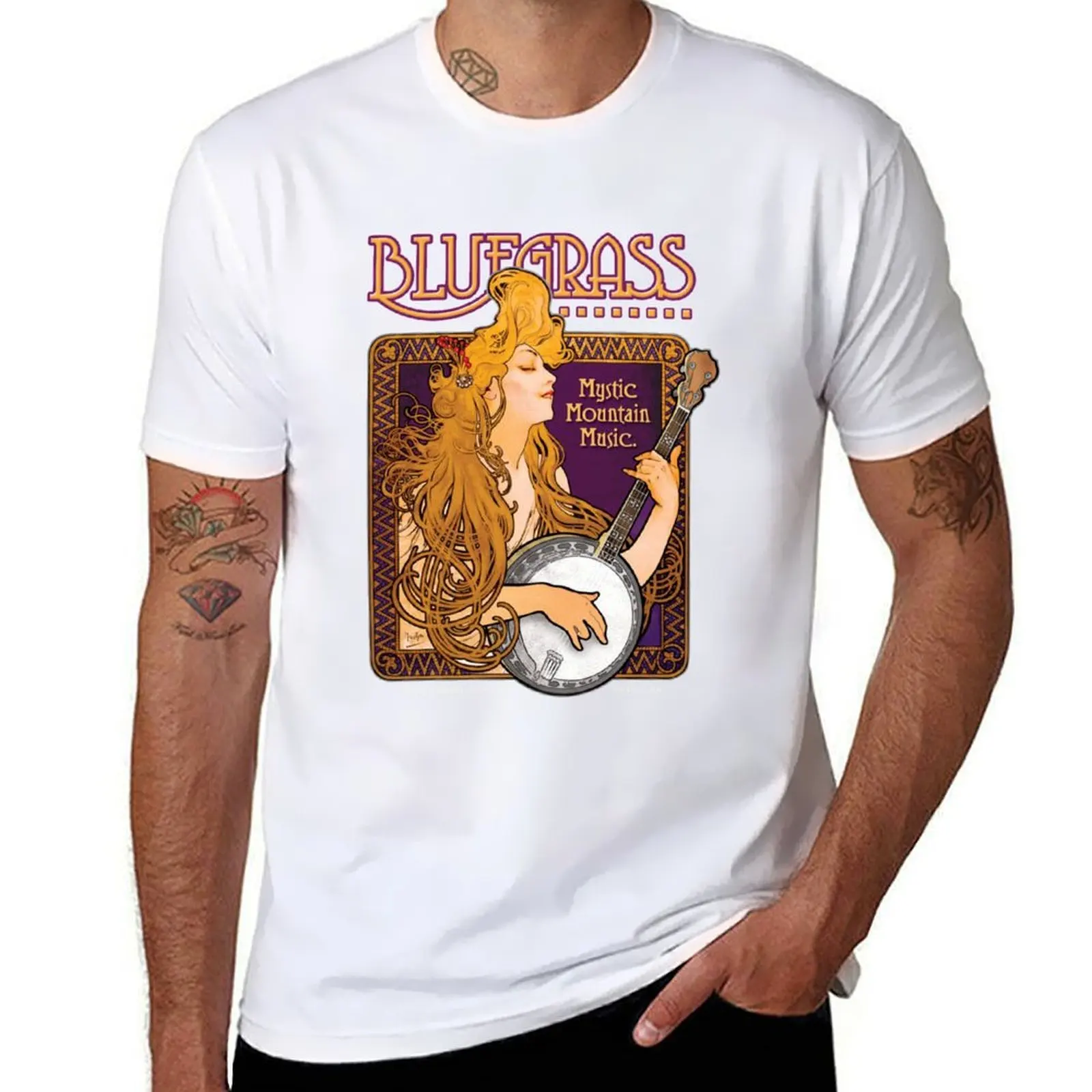

Bluegrass Shirt Alphonse Mucha Inspired Banjo Girl T-Shirt t shirt man designer t shirts for man cotton T-shirt