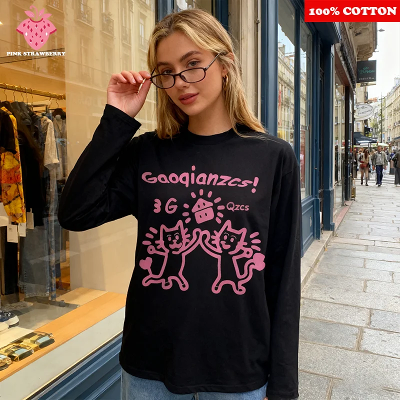 

Женская футболка с забавным мультяшным принтом, новинка осени 2022, 100% хлопок, черная футболка с длинными рукавами, свободный топ Y2k, женская одежда