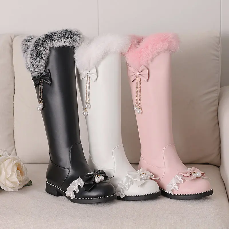 ORCHALISA Lolita Sweet Girl Knee High Boots Round Toe Flats Bowknot Plush Women Shoes Small Size 28 29