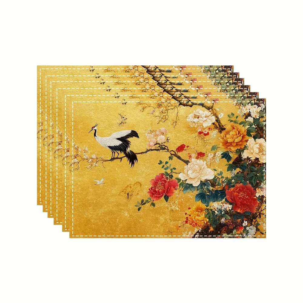 1/2/4pcs of Luxurious Chinese-Style Floral Crane Placemats Rectangular Polyester Table Mats Kitchen Dining Table Decoration view 4