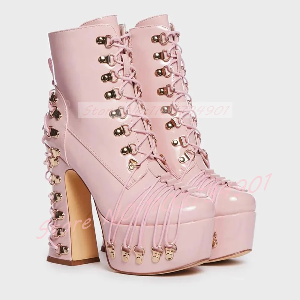 Cross Strap Pink Platform Block Heel Boots Women Rivet Button Strappy Zipper Leather Ankle Boots Feminine Party Street Boots