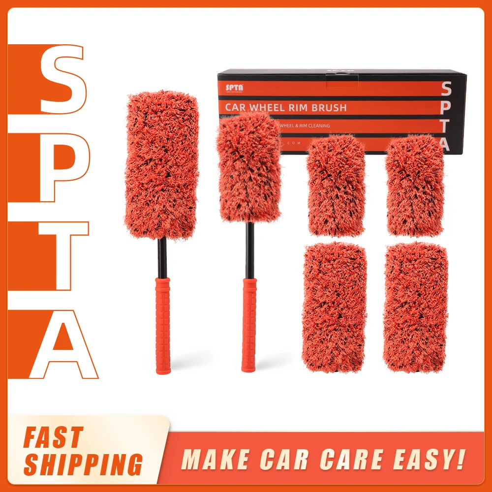 

SPTA Car Wheel Brush Set 2Pcs Microfibre Rim Brush with Extra 2 Large & 2 Small Interchangeable Microfiber Covers Wheel Cleaning