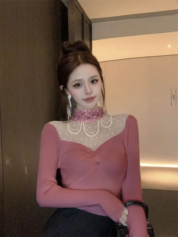 

Half High Collar Beading Knitted Top Women 2025 Spring Sexy Patchwork Lace Slim Short Sweater Long Sleeve Base Pullover