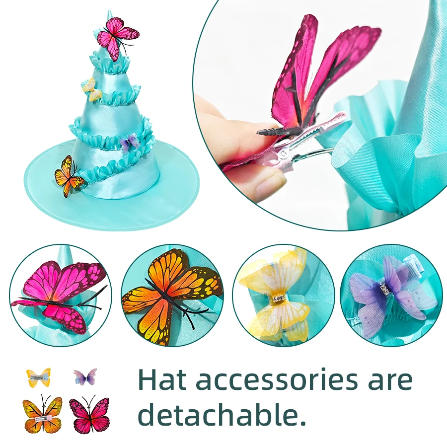 1pc mint blue ruffled edge hat with imitation butterfly decoration spring outfit flower fairy hat Easter carnival school party view 5