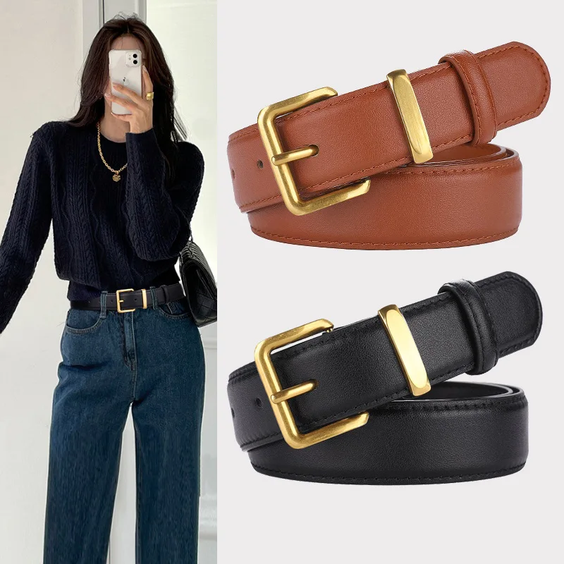 Cinturón de Cuero Vacuno de Lujo para Mujer, Estilo Vintage con Hebilla Dorada, Cinturón de 2.8 cm de Ancho para Vestidos y Jeans