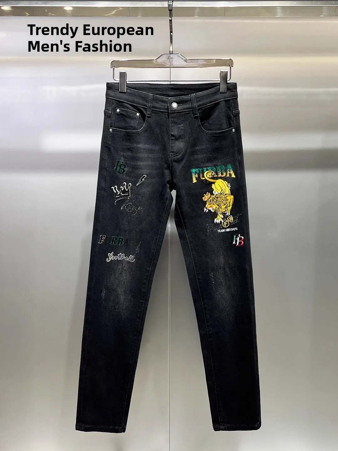 

Men's Slim Fit Jeans Embroidered Tiger Sequin Patchwork Faion Letter Pr Bri Casual Comfortable Elastic Long Trousers