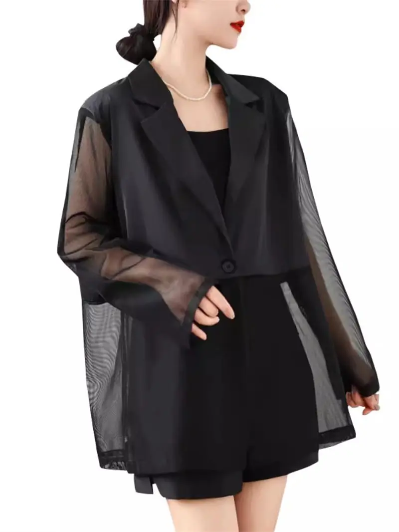 Chaqueta holgada de manga larga para mujer, chaqueta fina de retazos de malla, traje de protección solar, talla grande, K1472, 2024