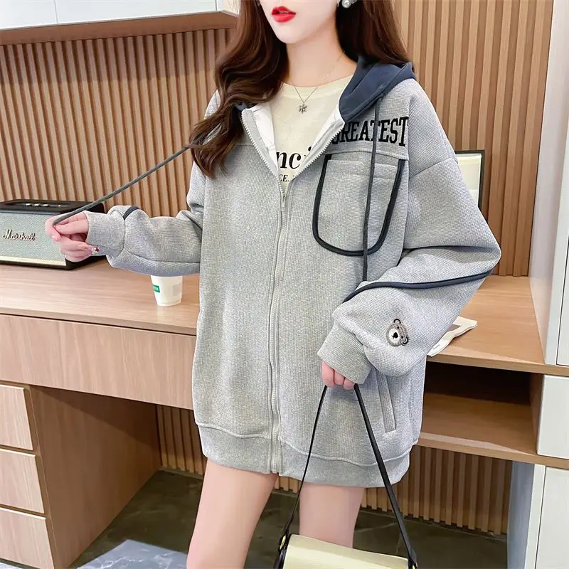 Fashion Pockets Letter Embroidery Hooded Sweatshirts Female Clothing 2024 Autumn Winter New Loose Casual Tops Korean Sweatshirts