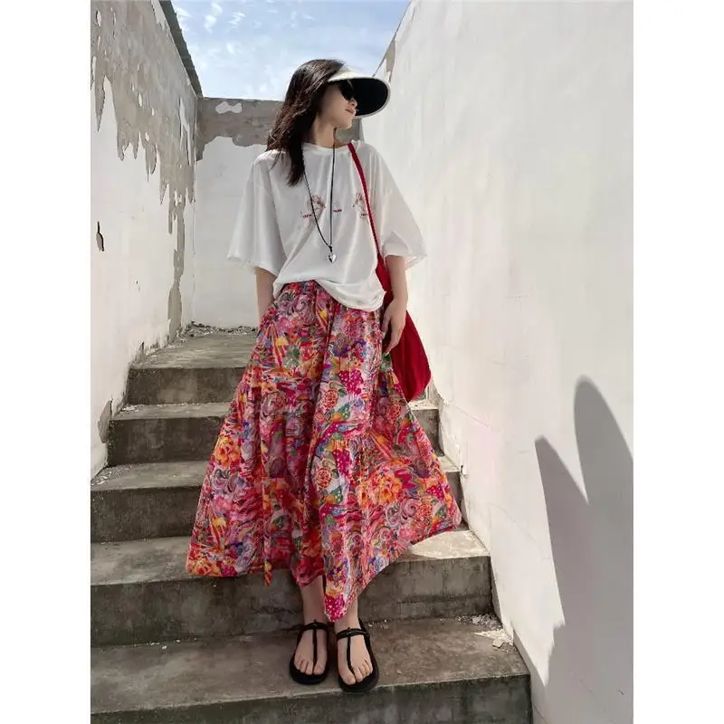 Gonna da donna stile vacanza Ispirazione greca antica Pittura a olio in cotone Gonna colorata Gonna lunga con stampa artistica giovanile