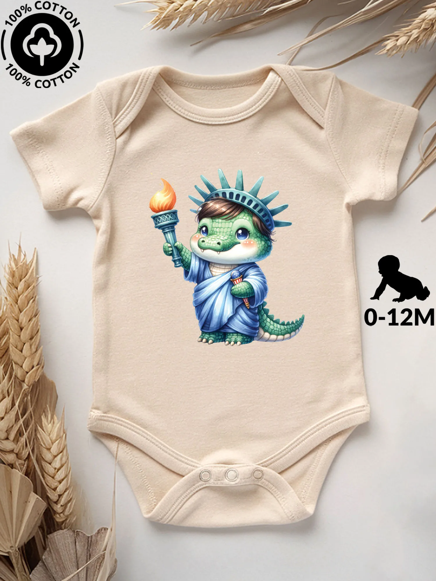 

Crocodile Statue Of Liberty Unisex Baby Bodysuit, 100% Cotton Soft Onesie, All-Season Wear Beige Crawling Suit 190GSM