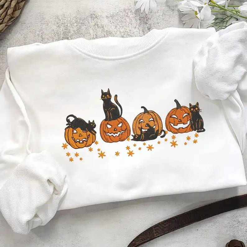 

Embroidered Black Cat Pumpkin Sweatshirt Minimalist Spooky Cute Halloween Crewneck Retro Vintage Sweatshirt Graphic Hoodies Y2K