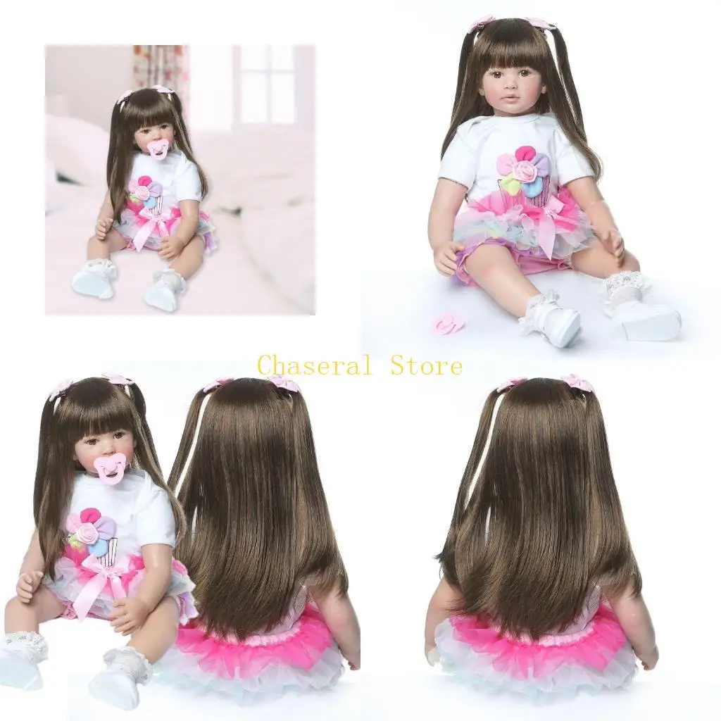 

E7CE 24-дюймовые милые куклы-реборн для маленьких девочек, реалистичные силиконовые игрушки для малышей с длинными волосами