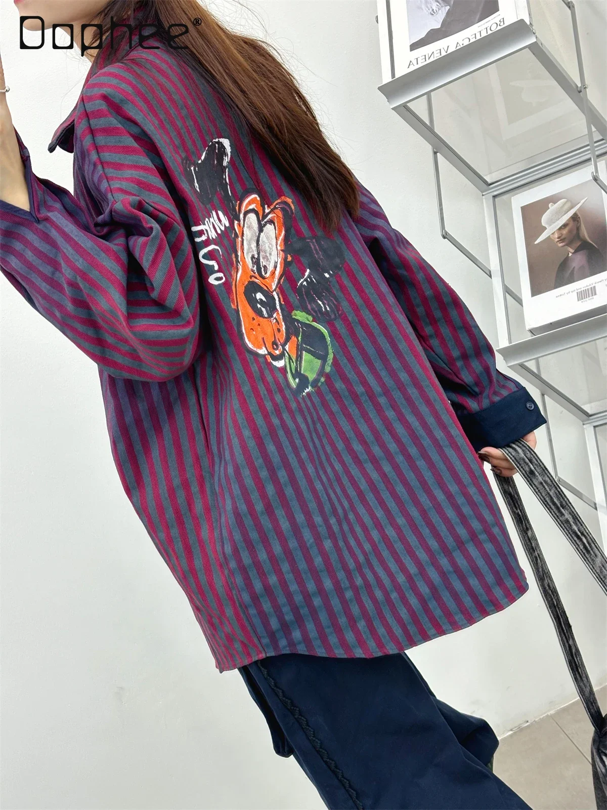 

Autumn New Versatile Tide Cartoon Print Casual Long Shirt Women's Gradual Change of Color Loose Long Sleeve Tops 2024 New