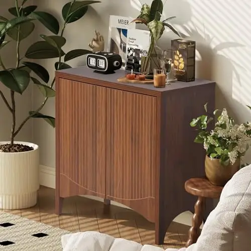 خزانة جانبية مخددة مع أرفف قابلة للتعديل، بوفيه بأربعة أبواب من خشب الجوز المقوس