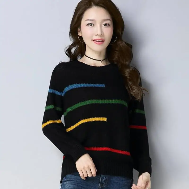 Female Striped Knitting Pullovers Top Autumn Winter New O-neck Long Sleeve All-match Sweaters Fashion Vintage Women Clothing