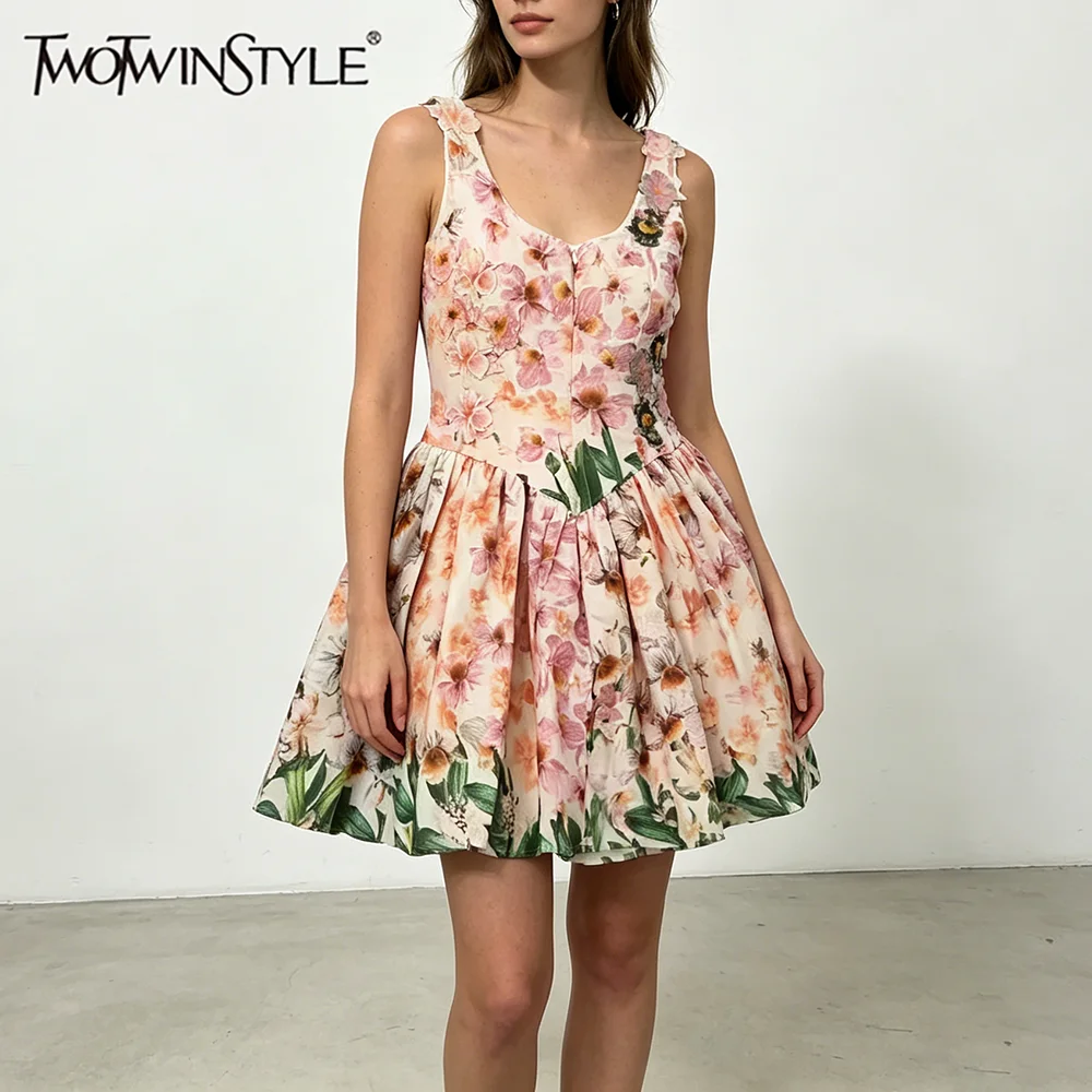 TWOTWINSTYLE Colorblock Slimming Spliced Printing Mini Dress for Women Square Neck Sleeveless Patchwork Folds Dresses Female New