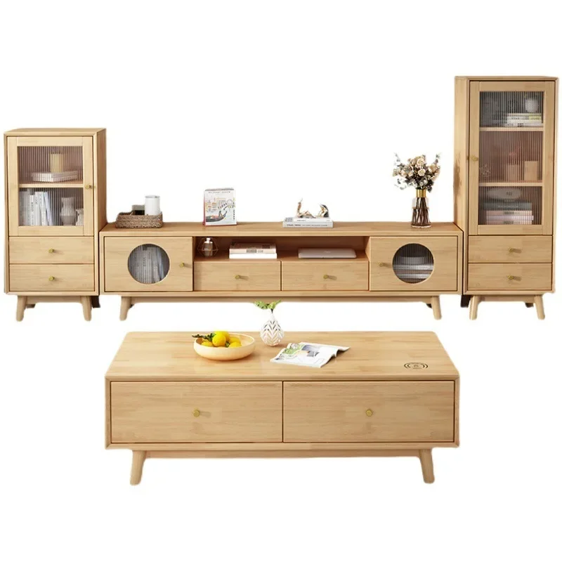 Meuble TV nordique en bois massif, combinaison de table basse, chargement USB sans fil, meuble de sol simple, mur pour petit appartement
