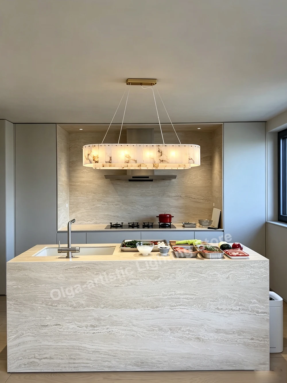 Led Brass Marble Luxury Designer Dining Room Decor Chandelier Lighting Oval Round Natural Stone Hanglamp Suspension Lamps