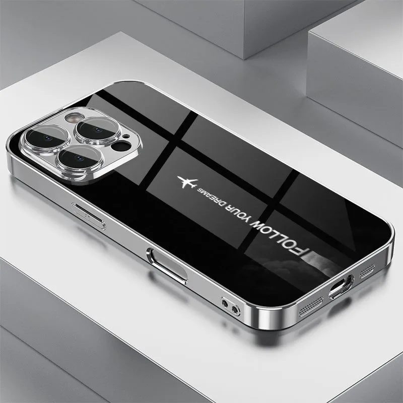 Travel-inspired Airplane Route Glass Electroplated Phone Case For iPhone 11 12 13 14 15 16 17 Pro Max Plus 16E 17 Air Cover