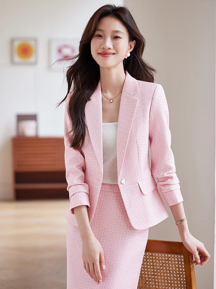 طقم بدلة بلون زهر الكرز للنساء، أزياء الربيع المهنية، سترة رسمية للضيافة مع بنطلون